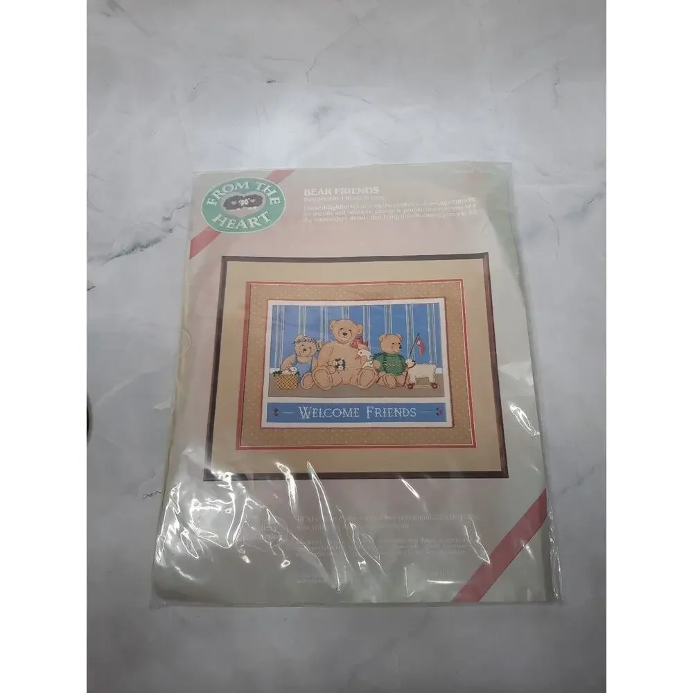 1986 Dimensions From The Heart Crewel Kit Bear Friends Welcome